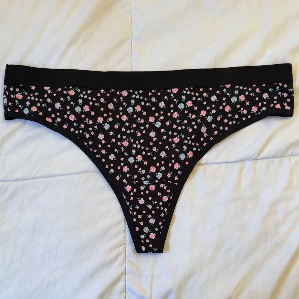 torrid Black Floral thong with Pink Blue & purple Blossoms